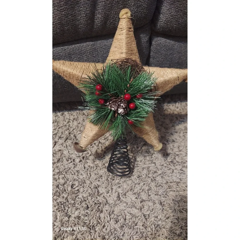 Rustic Jute Burlap Brown Star Snowflake Christmas Tree‎ Topper Holly Greenery